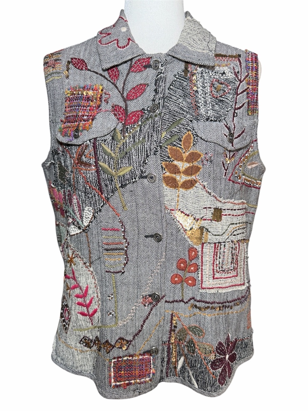 Chico's Gray Embroidered Patchwork Button-Front Vest Size M